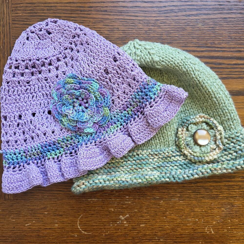 Y2K‎ Bucket Hat Handmade Knit Floral 90s Crochet Purple Green Feminine Statement